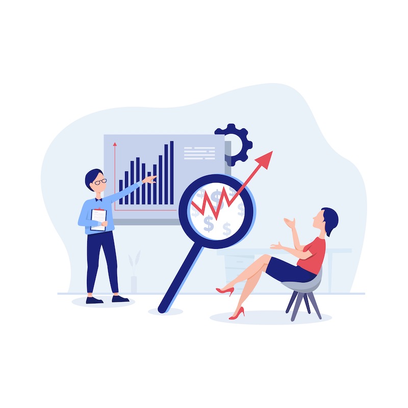 Illustration: Beratungsgespräch mit Diagramm und Lupe – Ziel und Zielgruppe der Webseite werden festgelegt.
